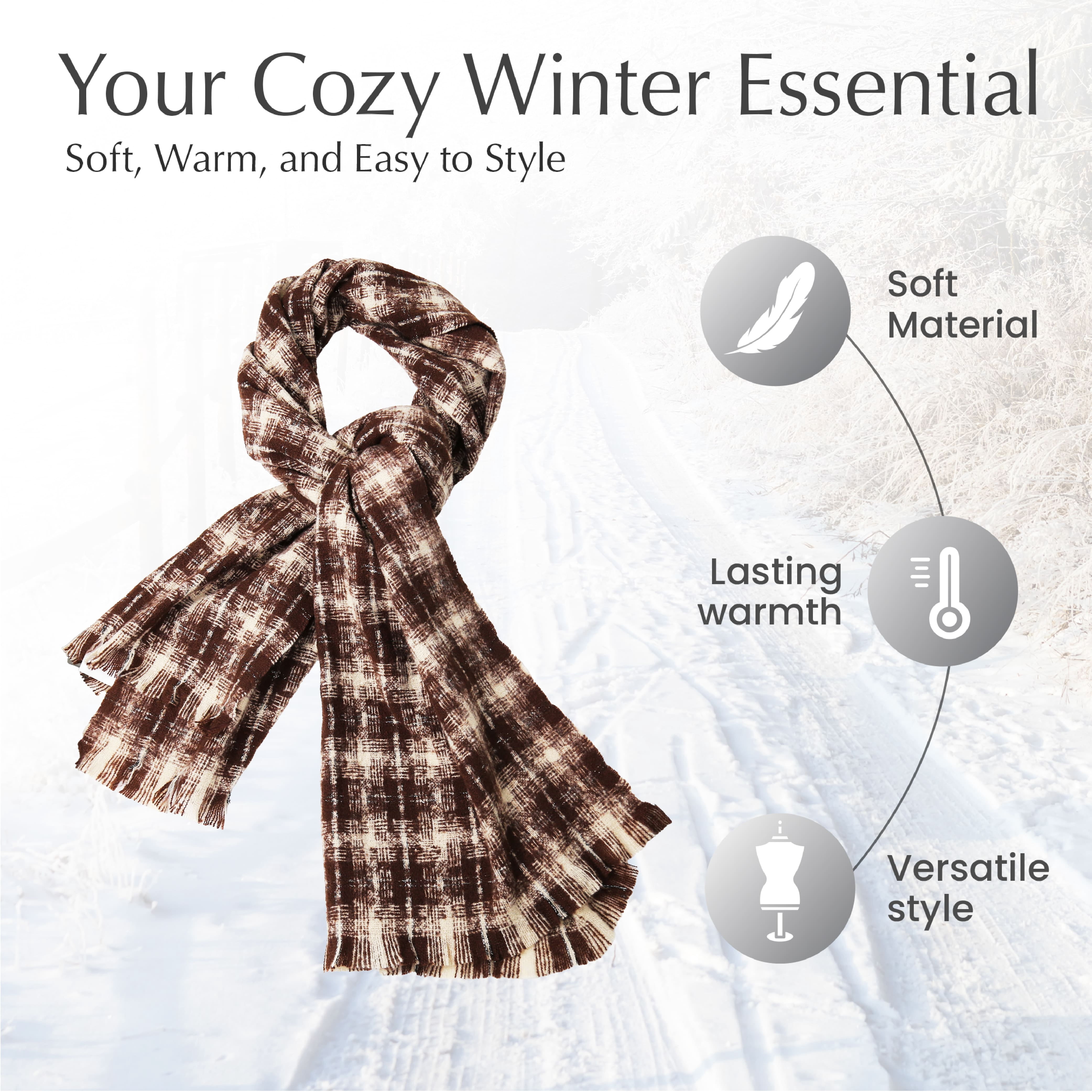 BASICO Fall Scarf for Women, Winter Scarf, Women's Scarves & Wraps, Blanket Scarf, Fall Accessories (17 Colors) (Ombre Check - Brown)
