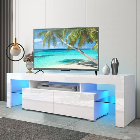 White TV Stand for 75 Inch TV, Modern High Glossy TV Cabinet with 16 Colors LED Lights, Living Room Corner TV Console Table with Storage Drawers and Shelves, Entertainment Center, 63" x 14" x 18", J4079