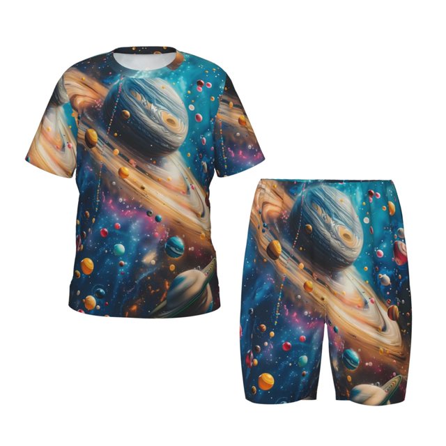 Fotbe Colorful Planet Universe Pijama Estampada de 2 Piezas para Niños – Ropa de Dormir de Manga Corta Cómoda para Niños y Niñas, Camiseta y Shorts de Algodón-X-Large