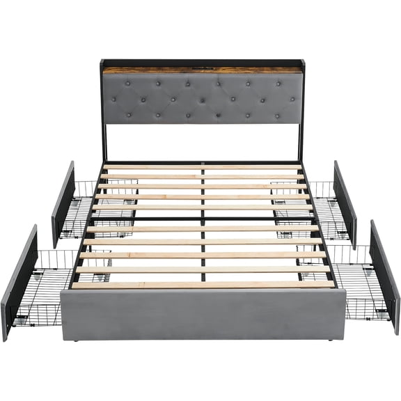 Queen Size Bed Frame with 4 Storage Drawers and Charging Station, Upholstered Velvet Platform Bed Frame with Storage Headboard and Sturdy Wooden Slats Support, No Box Spring Needed
