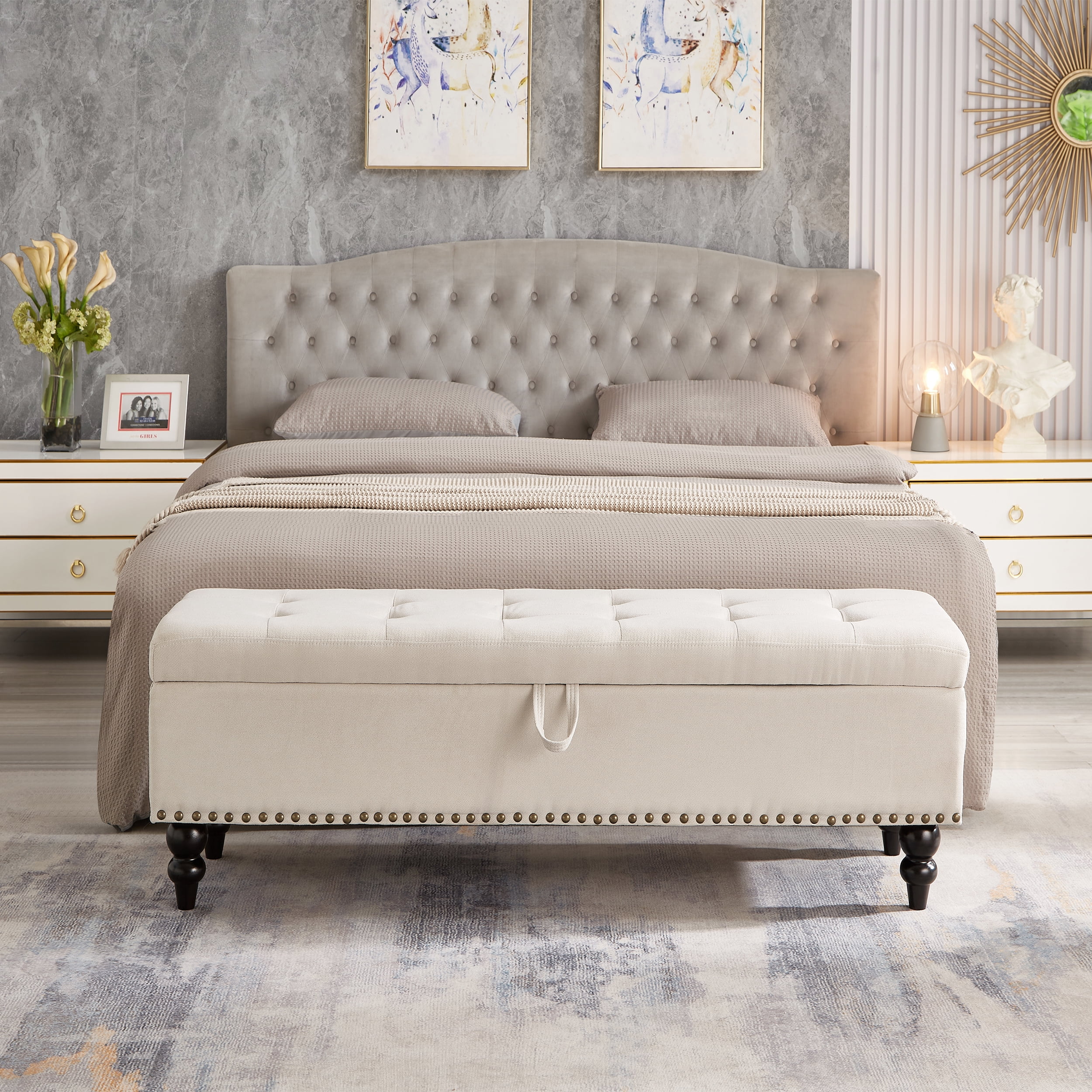 Miniyam 59" Storage Ottoman Bench, Storage Chest, Foot Rest Stool, Bedroom Bench for Living Room, Bedroom, Beige