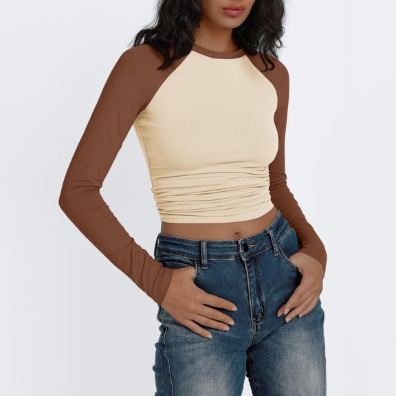 Womens T Shirts Crew Neck Long Sleeve Color Block Raglan Pullover Slim Fit Lightweight Casual Autumn Tops Brown XL