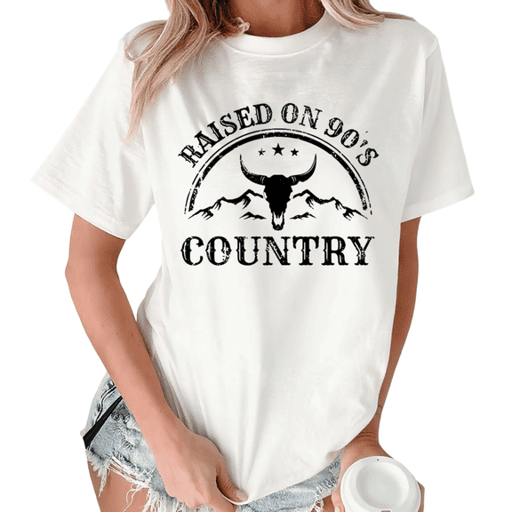White Raised On 90's Country Bull Skull Print Tshirt Graphic Tees Shirts S-5XL Country Music Tops