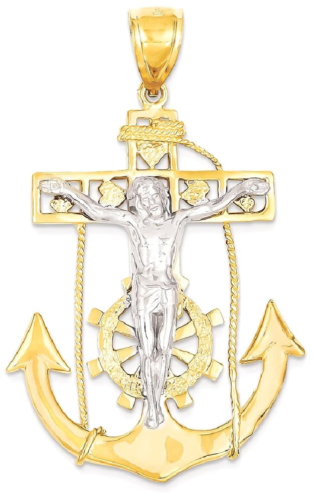 14k Two Tone Yellow Gold Nautical Anchor Ship Wheel Mariners Crucifix