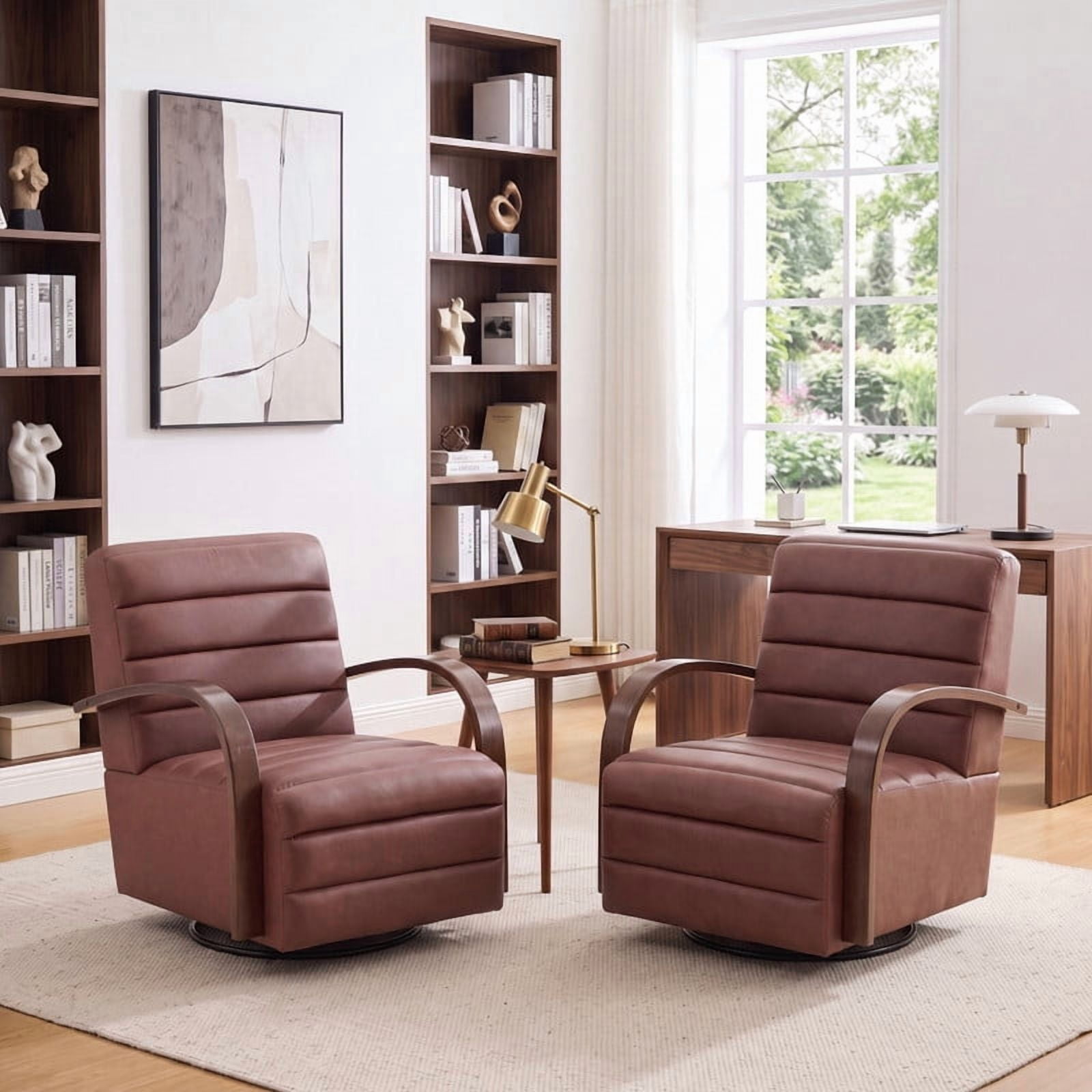 Gewnee Accent Chair, 360°Swivel Upholstered Reading Chair,Modern Armchair for Living Room, Bedroom & Home Office, Brown