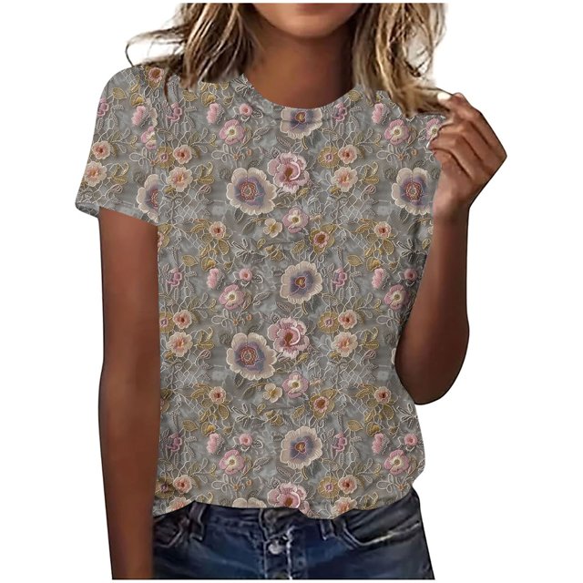Hauts d'Été pour Femmes DYTTDG T-shirt à Fleurs Mode pour Femmes Grande Taille Col Rond Manches Courtes Décontracté Ample Tee Haut Hauts pour Femmes Liquidation Moins de 10 Multicolore,TTTTG