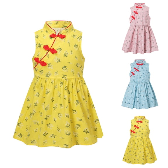 Pandaie Girls Chinese Cheongsam Qipao Embroidery Floral Dress Toddler Sleeveless Princess Summer Dresses Outfit 4-5 Years Blue