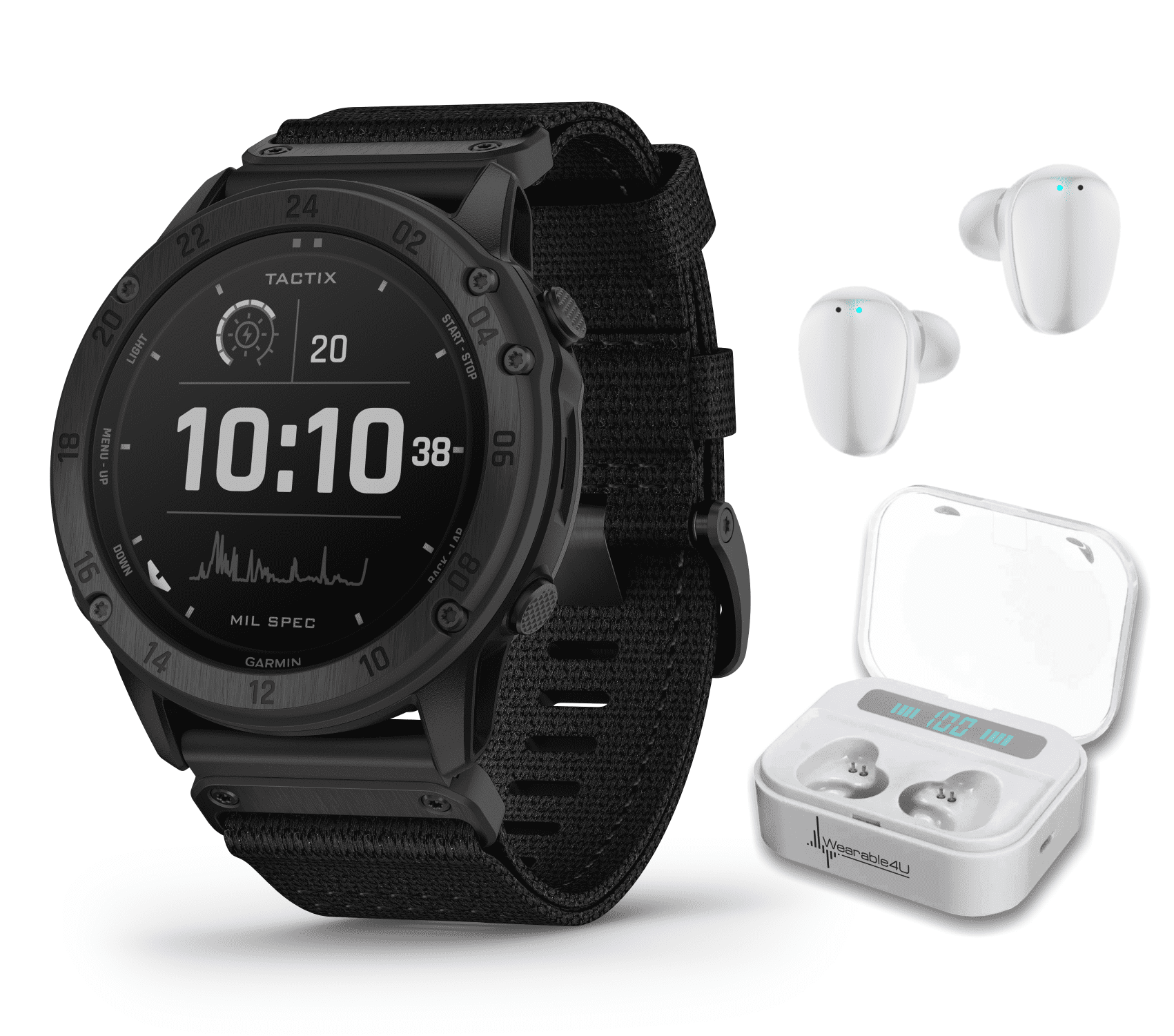 Garmin tactix Delta Tactical Military GPS Smartwatch Solar with Wearable4U  White EarBuds with Power Case Bundle
