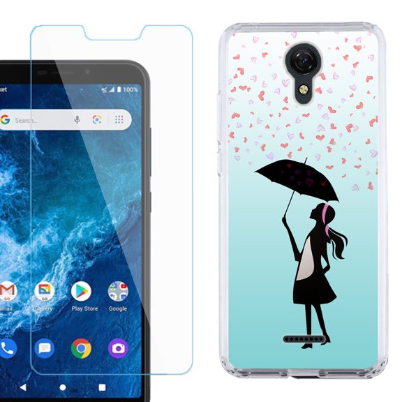 Slim-Fit Protective Phone Case compatible with Cricket Icon 2, with Tempered Glass Screen Protector, by OneToughShield ® - Rain/Hearts