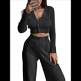 thumbnail image 2 of Traje Informal de Dos Piezas para Mujer, de Punto Liso, con Aberturas, Larga, Botones y Pantalones de Cintura Alta. Negro M, 2 of 8