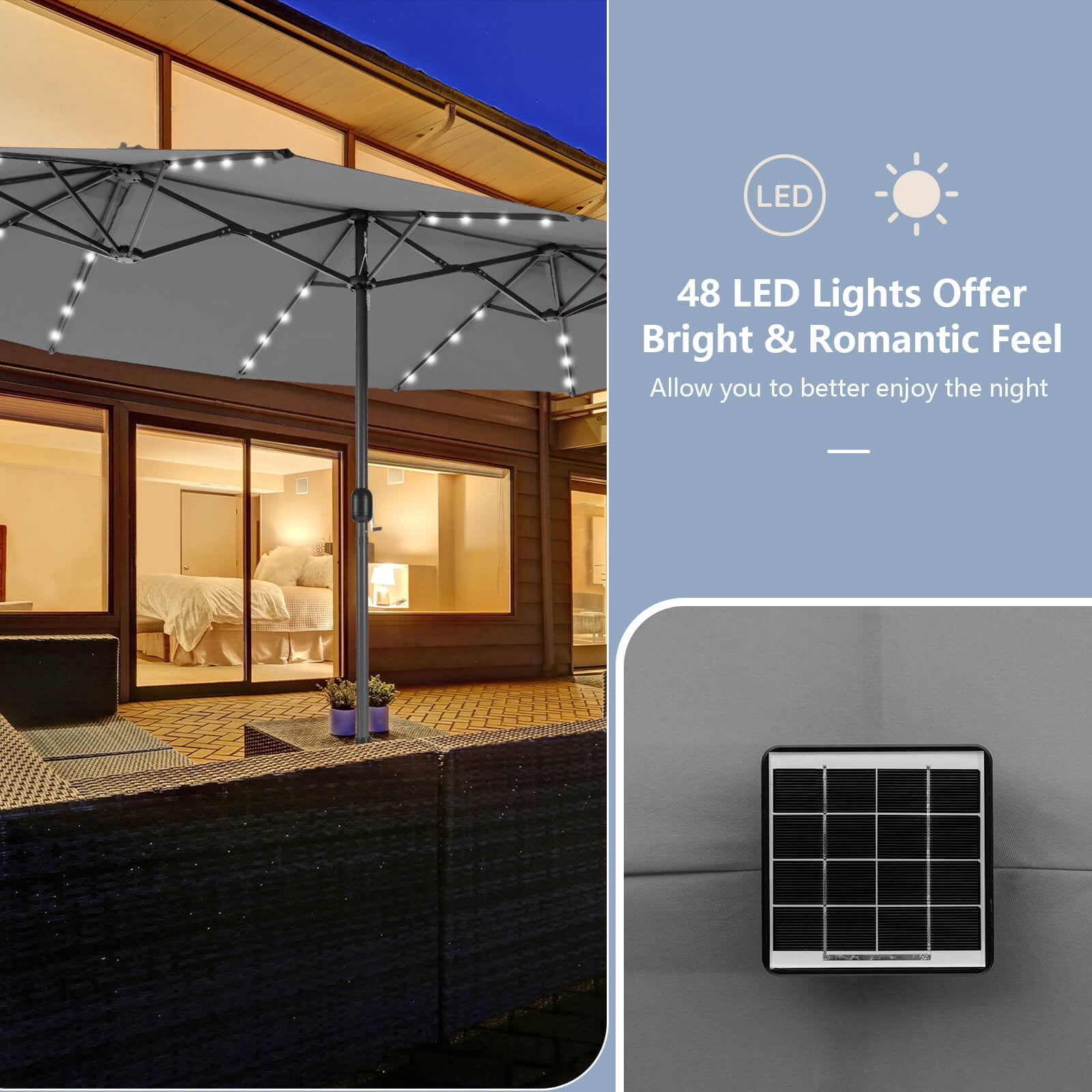 Costway 15 FT Twin Patio Double-Sided Umbrella 48 Solar LED Lights Crank Outdoor Gray
