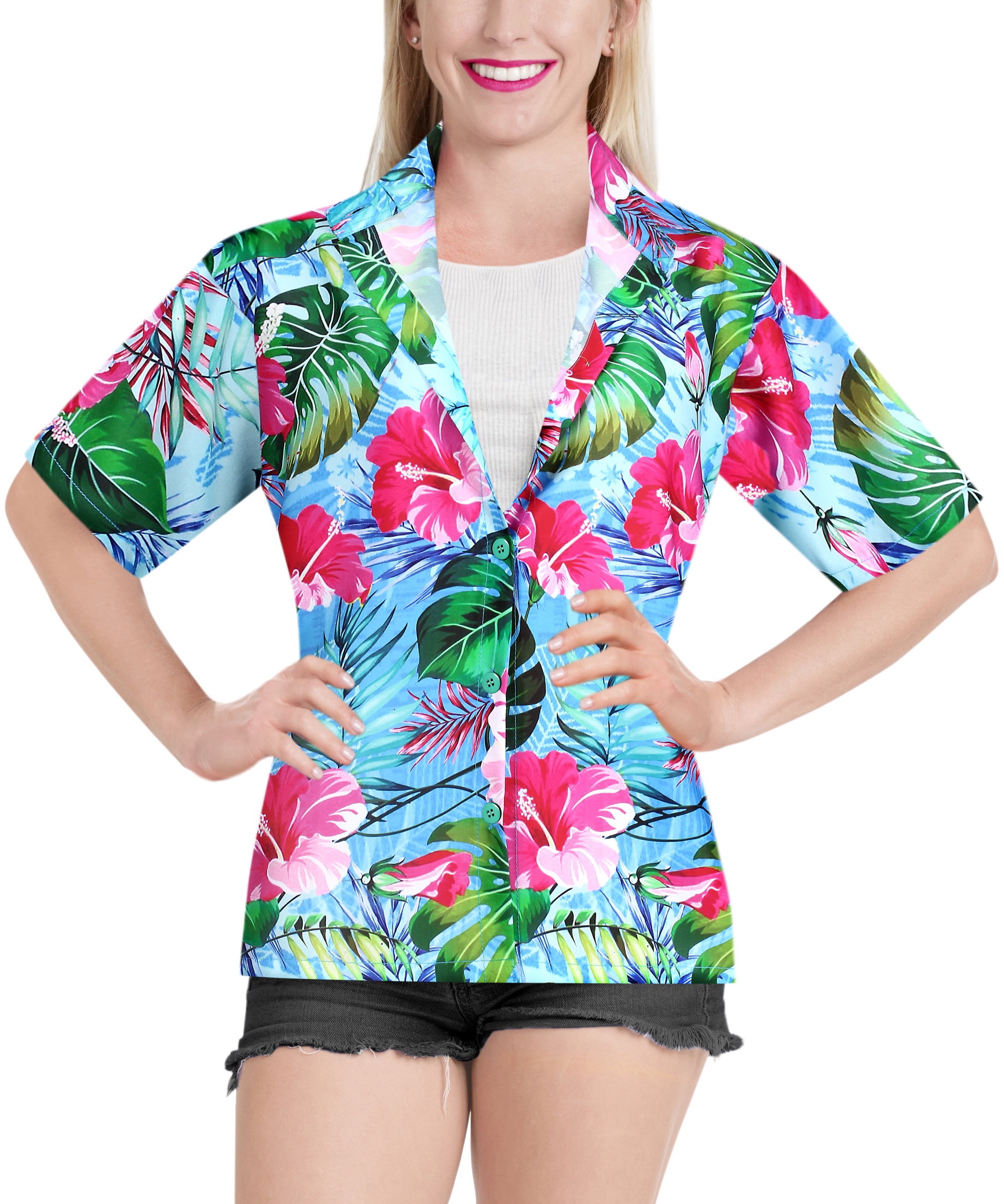 HAPPY BAY Women's Hawaiian Blouse Shirt Beach Aloha Party Camp Shirt L