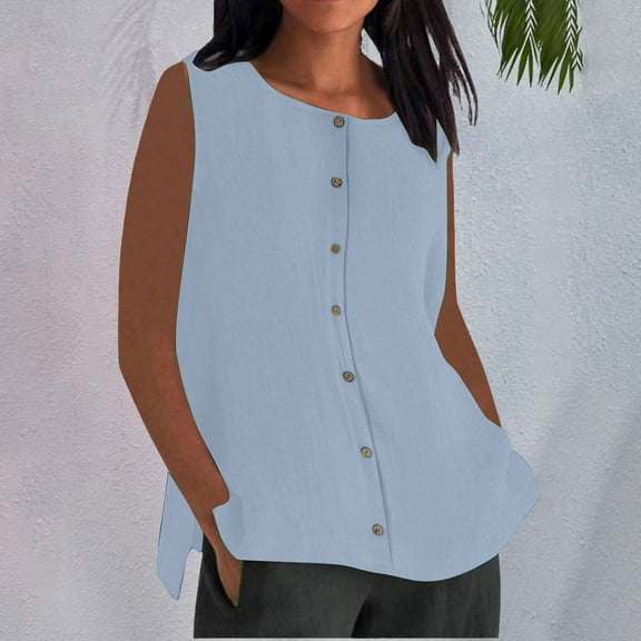 Women's Sleeveless Button Down Shirts Blouses Solid Color Casual Crew Neck Sleeveless Tank Tops Business Work Top
