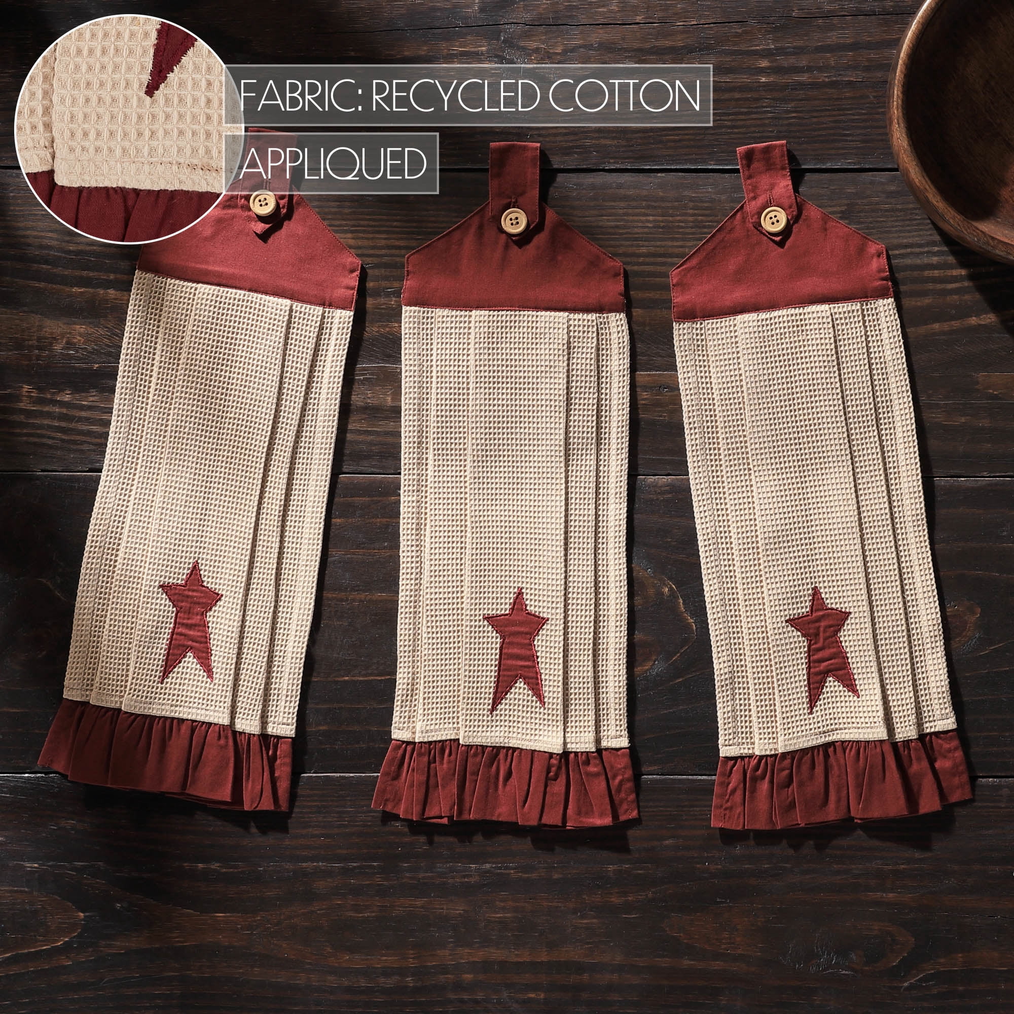 VHC Brands Cotton Connell Button Loop Kitchen Towel Set of 3, Hanging Kitchen Towel, Appliqued, Bath, Kitchen, Connell Collection, Rectangle 21x7, Star, Burgundy