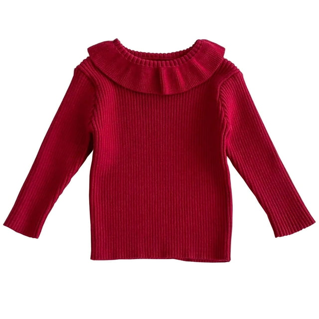 2025 Pullover Sweater for Girls Baby Clothes Ruffled Collared Toddler Knit Sweater Sweatshirt Ribbed Winter Clothes Tops Outfits 1-8 Years Burgundy