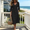 thumbnail image 7 of Oksale Casual Dresses for Women Sumemr Button Down V Neck Midi Cotton Linen Dress Cozy 3/4 Length Sleeve Vacation Dresses with Pockets Ladies Fall Outfits Black XL, 7 of 7