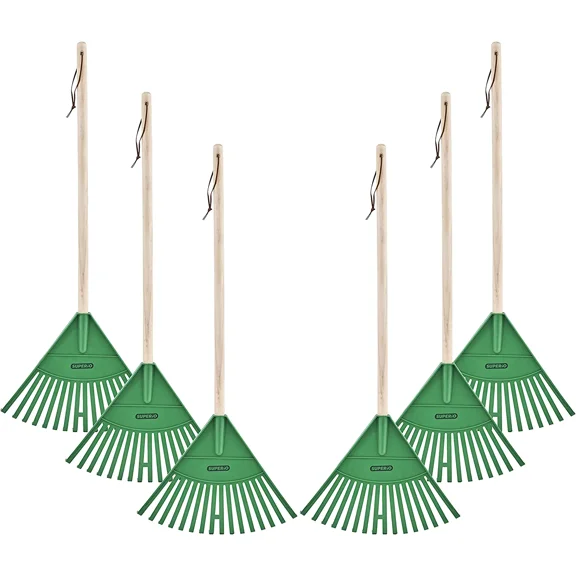 Superio Kids Rake with Hardwood Handle- Durable Plastic Green Head to Sweep Leaves in Lawn and Tidying Up The Garden – 34 “Height (6 Pack)