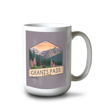

15 fl oz Ceramic Mug Grants Pass Oregon Bear and Spring flowers Badge Contour Dishwasher & Microwave Safe