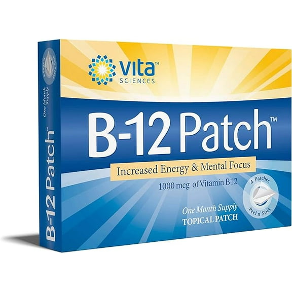 Vita Sciences Vitamin B12 Patch – 1000mcg B12   200mcg Selenium – Vegan Weekly Patch – 4 Count Box – Energy, Focus, Mood & Metabolism Support