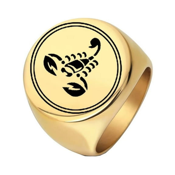 PAMTIER Men's Stainless Steel Simple High Polished Round Horoscope Scorpion Engraved Ring Punk Style Gold Size 7