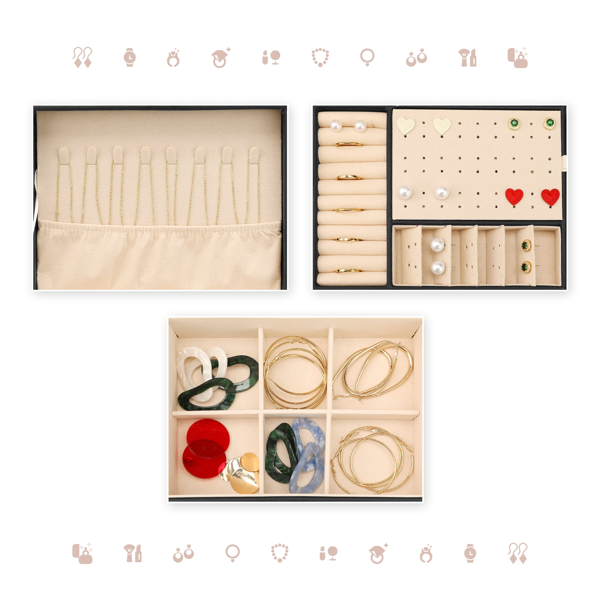 Unique Bargains 2 Layer Jewelry Box PU Leather Jewelry Organizer Case Storage with Drawer Black