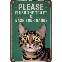 Metal Plaque Sign Decoration Funny Cat Please Flush Toilet Wash Your Hands Cute Sign Home Bathroom Restroom Toilet Wall Art Decor Metal Poster Tin Sign 8x12 In
