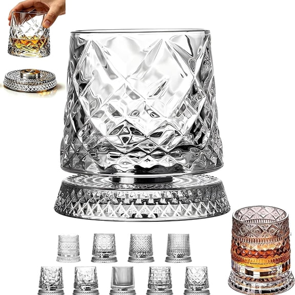 Spinning Whiskey Glasses, Heavy Crystal Rotating Tumbler for Whiskey, Bourbon & Cocktails, Ideal for Parties and Tastings