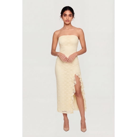 Women's Ruffle Trim Side Slit Lace Overlay Midi Dress