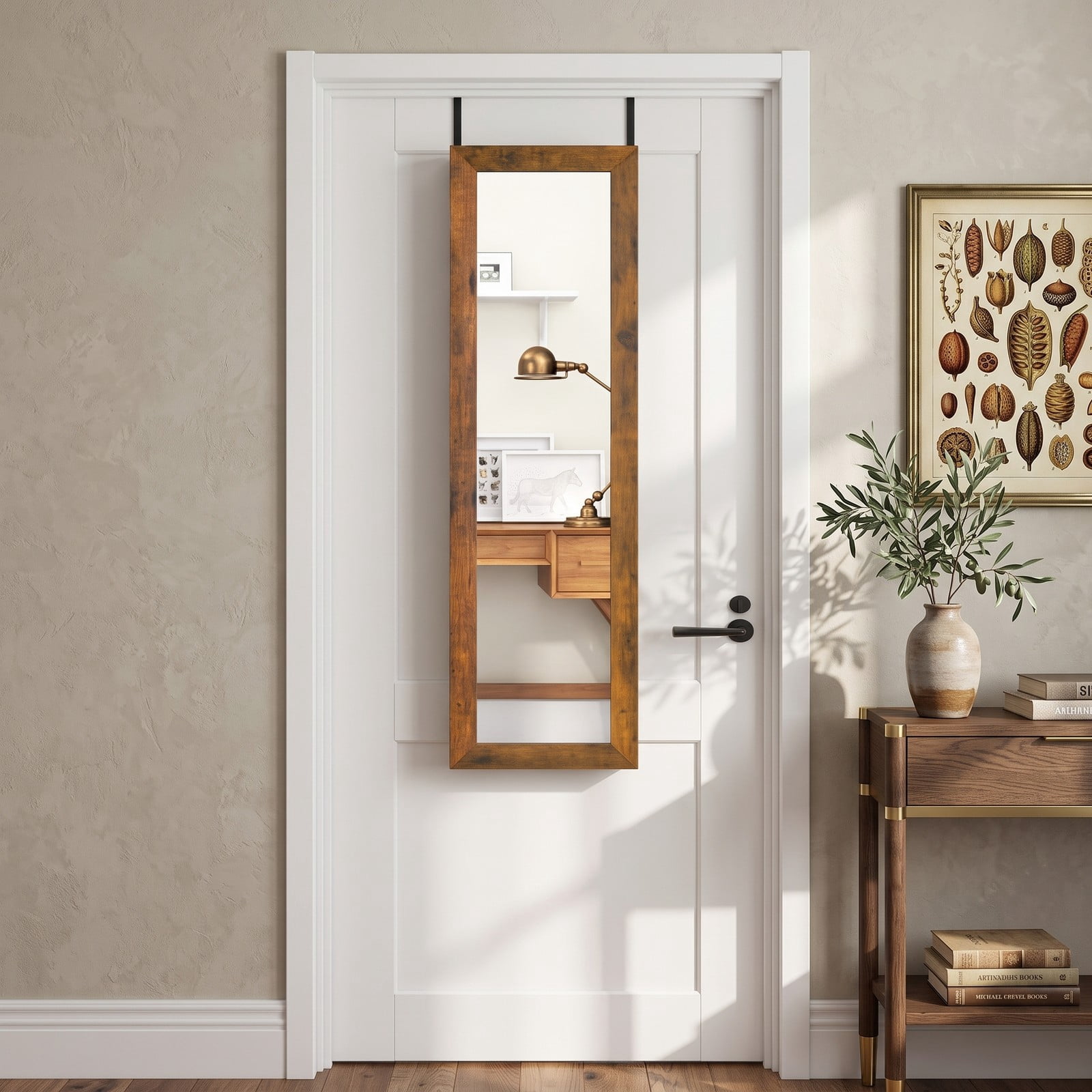 Furnibear Wall and Door Mounted Jewelry Cabinet with Full-Length Mirror, Ring Slots, and Necklace Hooks for Bedroom, Rustic Brown