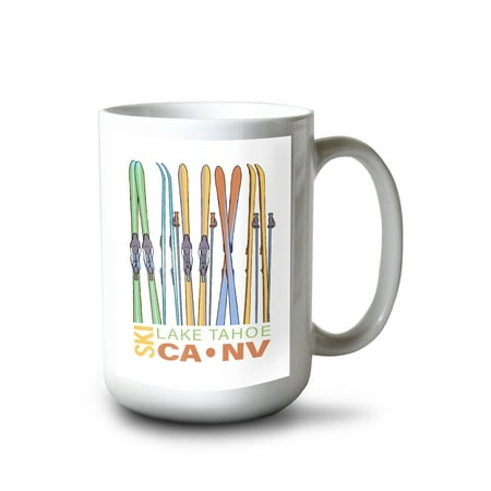 

15 fl oz Ceramic Mug Lake Tahoe California and Nevada Skis in Snow Dishwasher & Microwave Safe