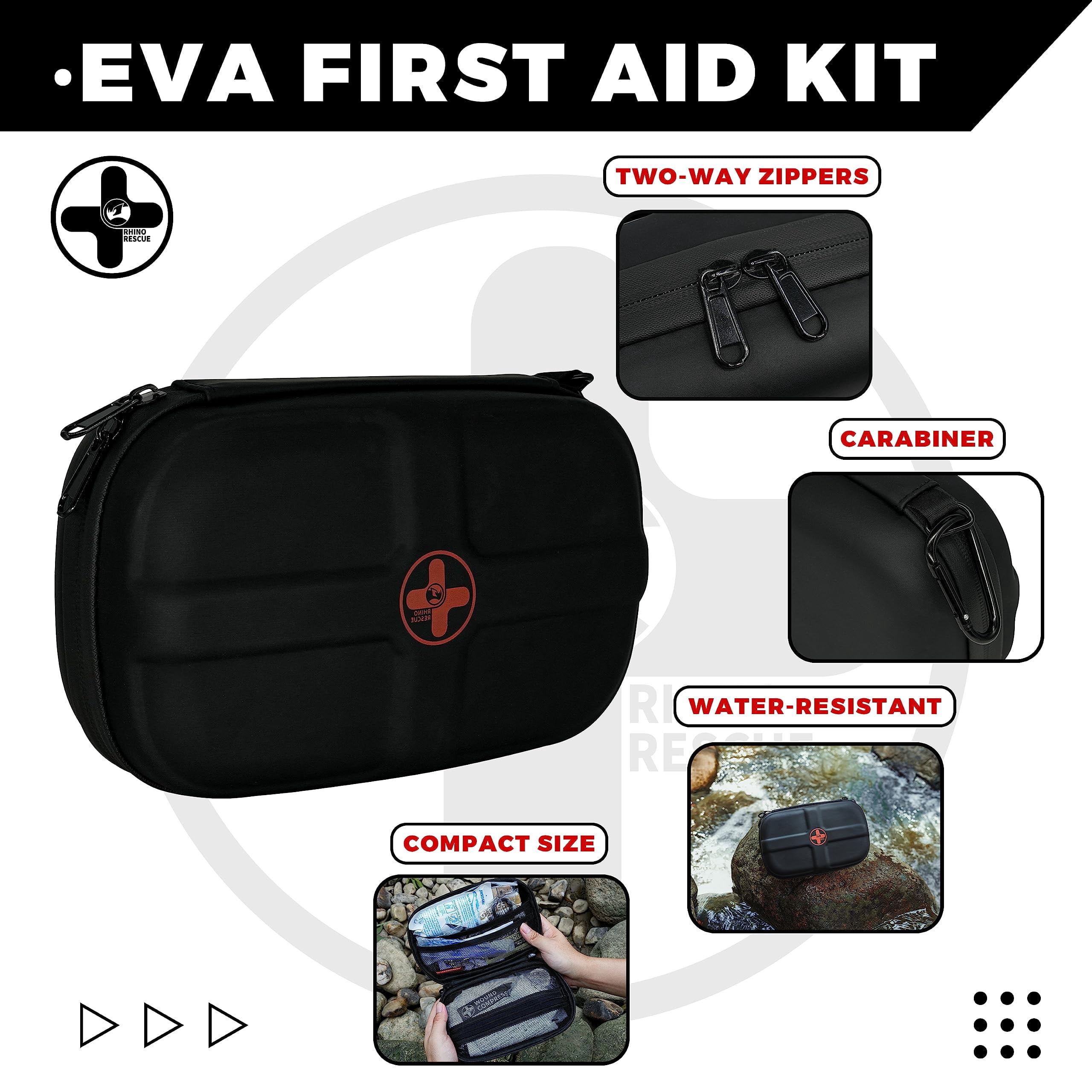 RHINO RESCUE Emergency First Aid Kit, Waterproof & Portable, for Travel, Home, Car, Camping, Hiking (Black)