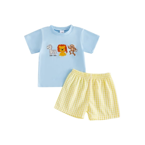 BemeyourBBs Toddler Baby Boy Summer Clothes Infant Baby Boys Zoo Animal Outfits Adorable Animal Embroidery Short Sleeve T Shirt Tops and Plaid Shorts Set