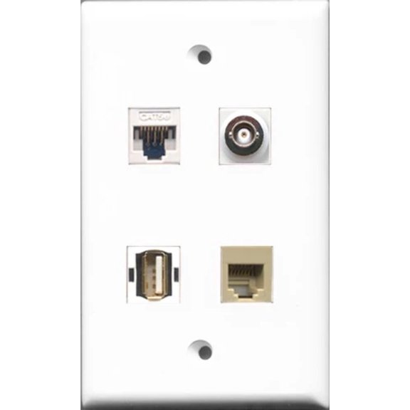 RiteAV - 1 Port USB A-A and 1 Port Phone RJ11 RJ12 Beige and 1 Port BNC and 1 Port Cat5e Ethernet White Wall Plate