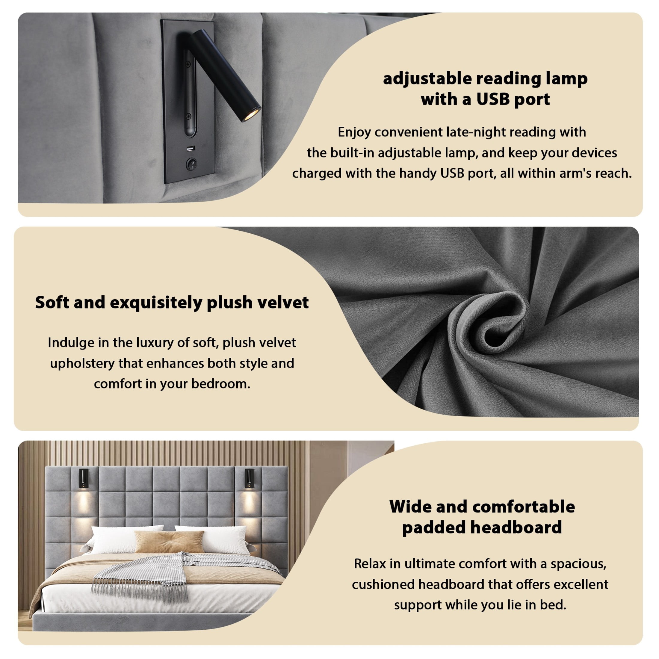 Christopher Knight Home California King Bed Frame with Velvet Upholstered, Wall Sconce, USB Port, Wide Headboard, Gray