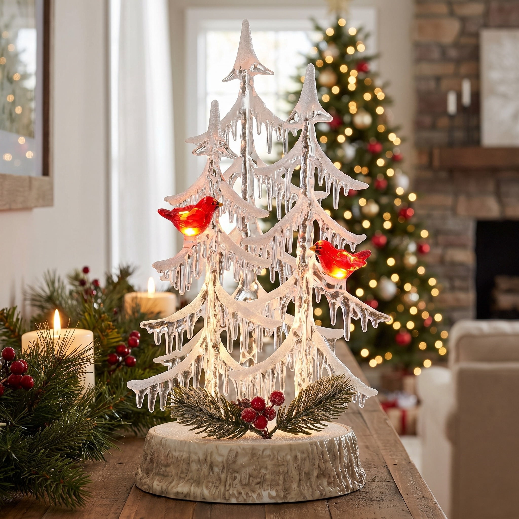 Light-Up Acrylic Icicle Tree with Cardinals Christmas Decoration, Clear and Red, 13", by Holiday Time
