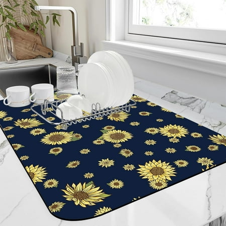 

HYKE Hand Drawn Sunflower Dish Drying Mat Watercolor Sunflower en Mat 16 x24 Bsorbent Coffee Maker Mat for Dishes Utensils Coffee Maker Pots and Pans Easy Clean Dish Slip Resnt Pad