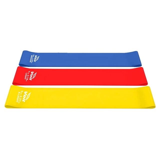 Set de Ligas Voit 3 Piezas con bandas de látex multicolor en azul, rojo y amarillo, con resistencias de 5-10, 10-20 y 20-30 libras, diseñadas para fortalecer y tonificar músculos en rutinas de ropa deportiva para mujer, ideales para uso en casa, gimnasio o al aire libre.