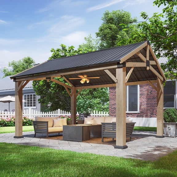 Dateyes 12' x 14' Outdoor Wood Gazebo, Hardtop Gazebo Permanent Wooden Pavilion with Galvanized Steel Gable Roof, for Patio, Garden, Backyard, Cedar Wood