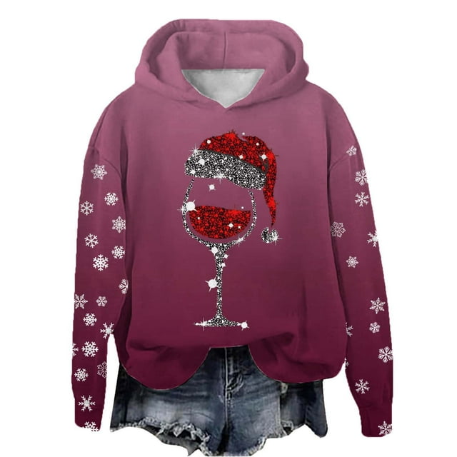 WEAIXIMIUNG Chandails en Molleton d'Automne Graphiques pour Femmes Automne et Hiver Noël Rouge Verre Imprimé Col Rond Manches Longues Chandail à Capuchon Sport Décontracté (1)