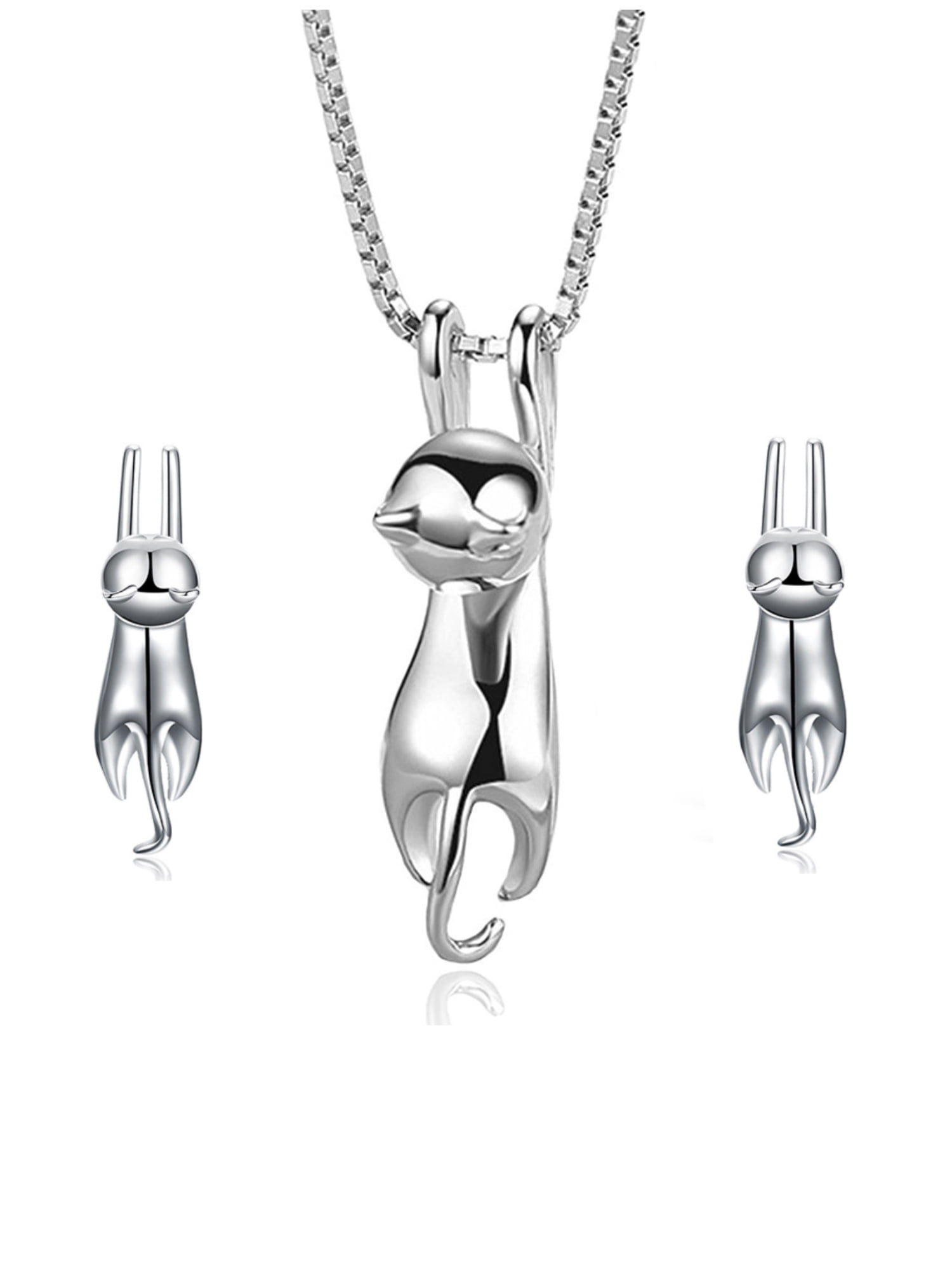 925 Sterling Silver Cat Kitty Jewelry Set ? Cat Lovers Necklace, Earrings, Bracelet, Ring Set