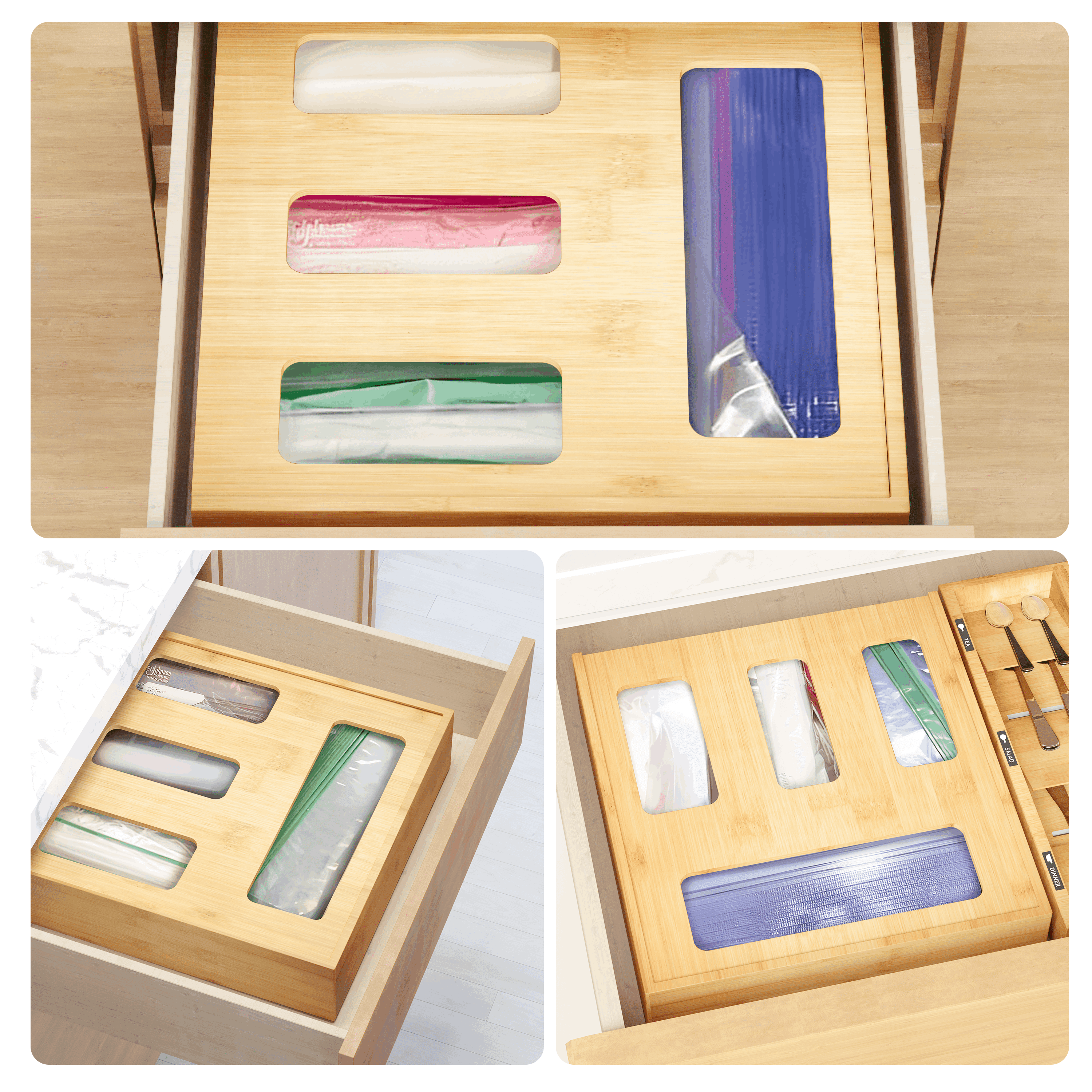 SpaceAid Bamboo Ziplock Bag Storage Organizer for Kitchen Drawer, 4 Slots