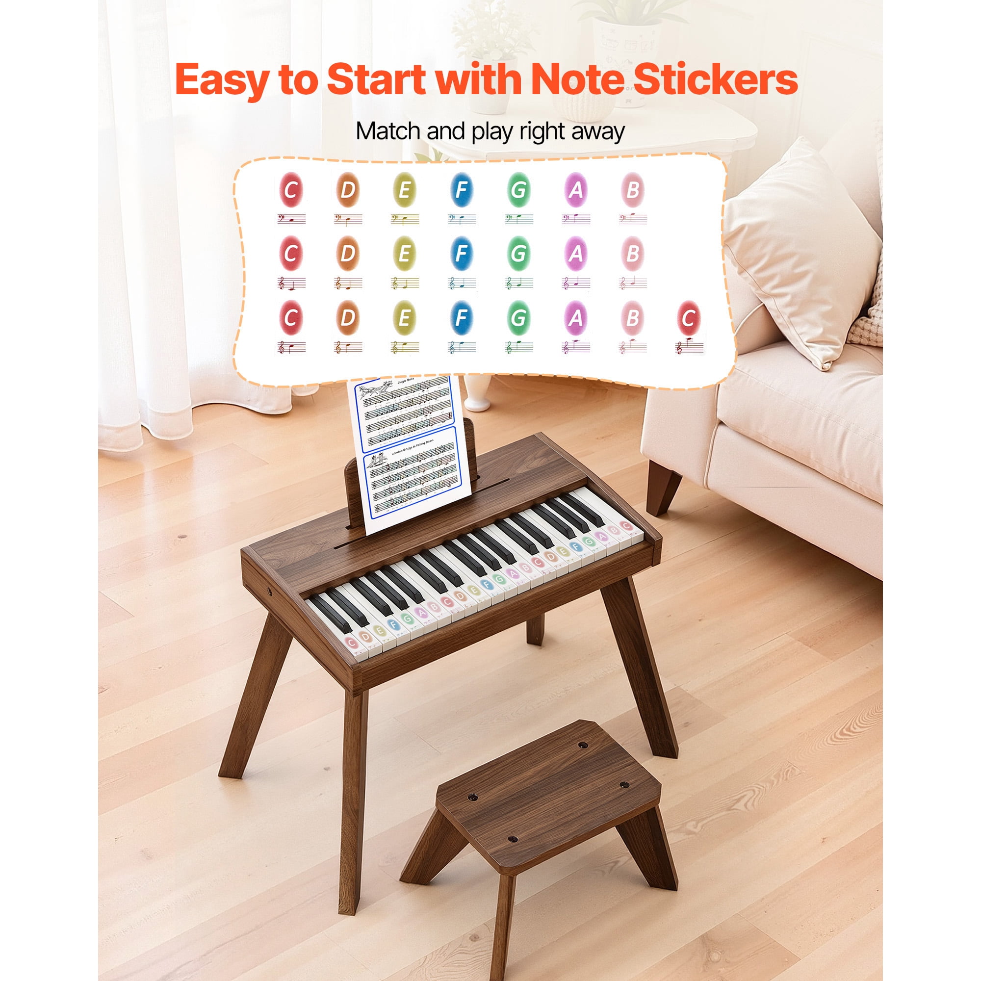 KFFKFF 37-Key Wooden Digital Piano for Kids, Mini Educational Music Instrument with Realistic Sound, Dual Power Options, Adjustable Volume, Ideal for Toddlers and Young Learners, Walnut Finish