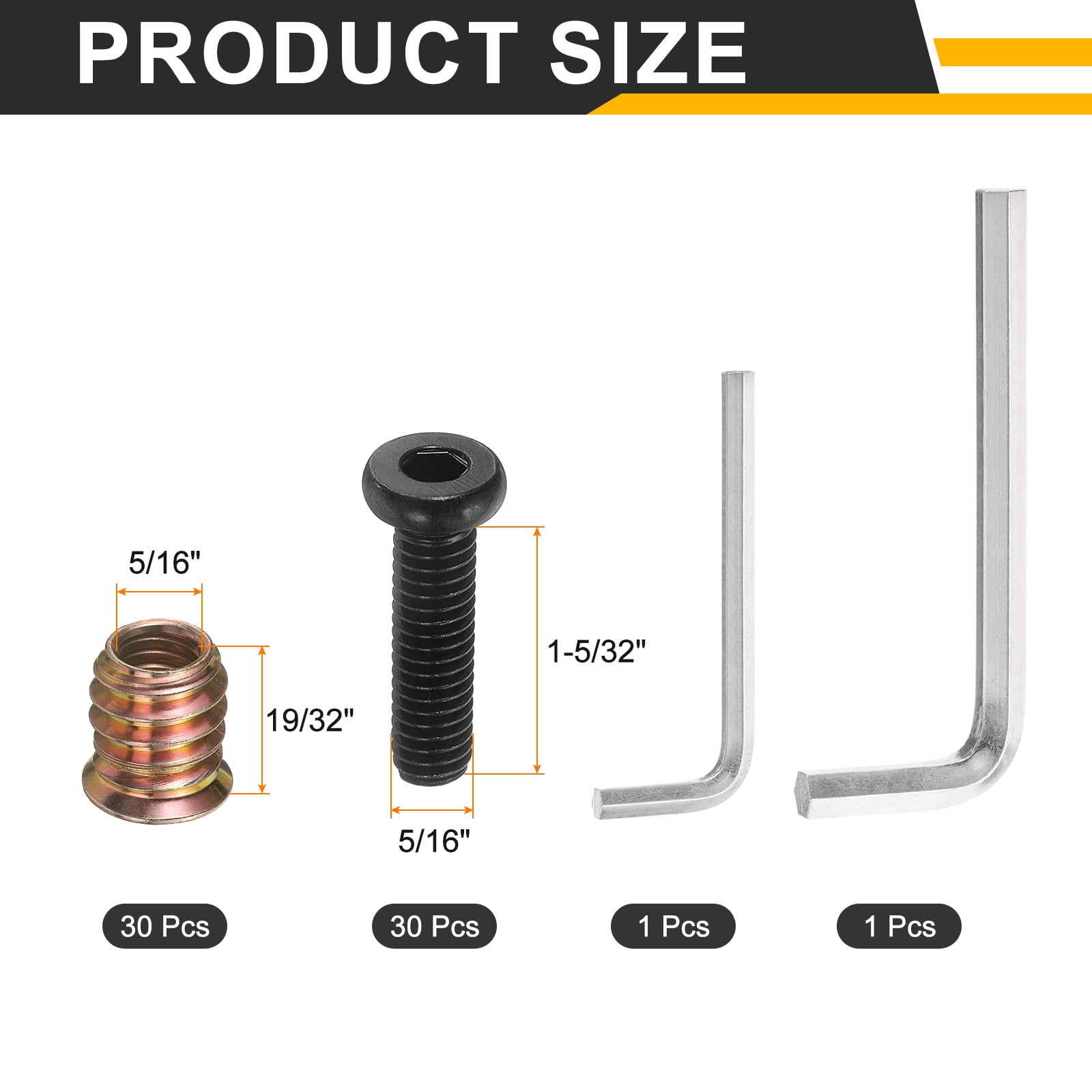 30Sets 5/16 x 1-5/32" Furniture Screw Threaded Inserts for Wood, 5/16 x 19/32" Inserts Nut Bolt Fastener Connector with Hex Socket Drive Mount for Secure Joints