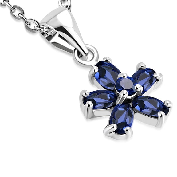 Stainless Steel Silver-Tone Blue Sapphire-Tone CZ Flower Floral Pendant Necklace, 16"