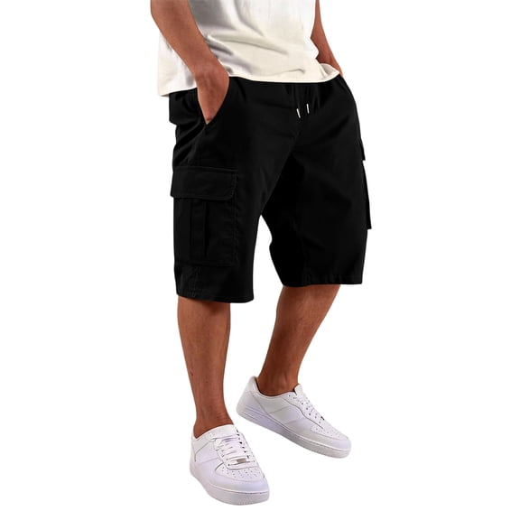 Hsovts Bermuda Cargo Shorts for Men Long Elastic Waist Drawstring Camo Below Knee Camping Shorts Black 3XL