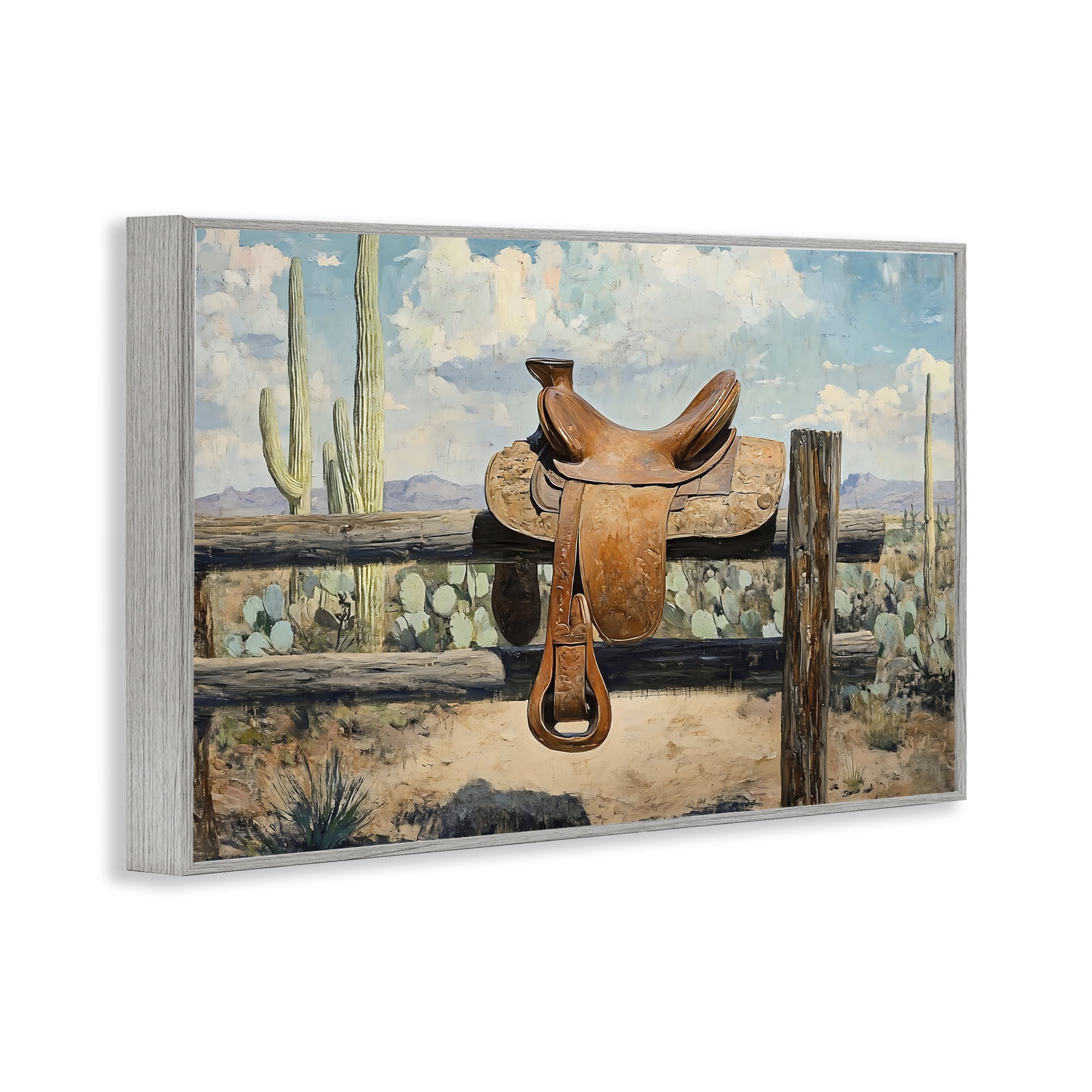 Stupell Industries Saddle on Desert Fence Gray Framed Giclee Art, design by Franklyn Gregory