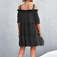 thumbnail image 4 of Womens Summer Dresses Cold Shoulder Solid Strappy Short Sleeve Casual Short Dress Tiered Flowy Cute Beach Sun Dresses, 4 of 7
