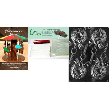 

Cybrtrayd 45stK25RBk-C091 Wreath Lolly Chocolate Mold with Chocolatier s Bundle of 25 Lollipop Sticks 25 Cello Bags 25 Red Twist Ties and Chocolatier s Guide