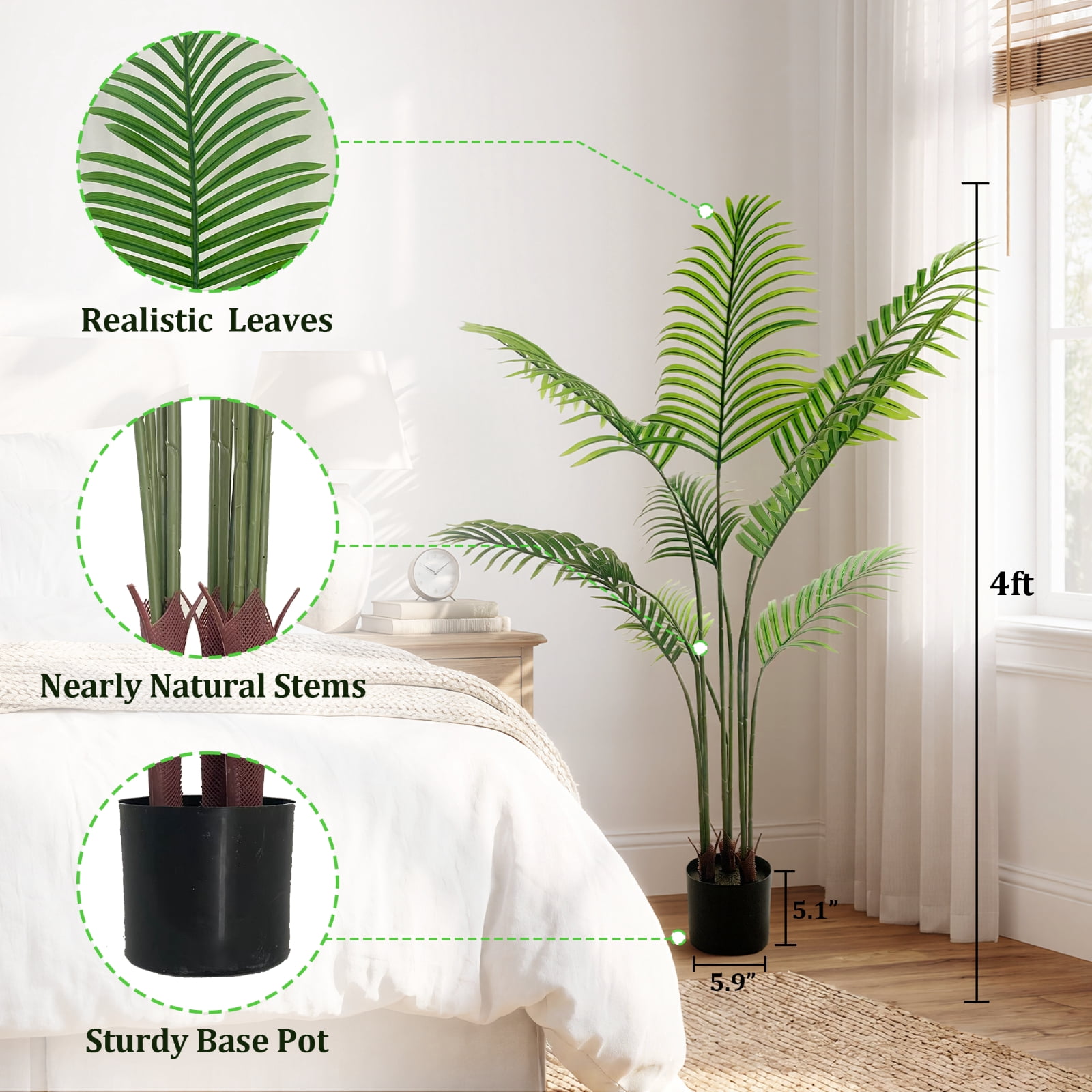 BEAUTYPEAK 4FT Artificial Palm Plants Fake Pre Potted Faux Green Tree Fake House Plants Indoor Outdoor Floor Plant
