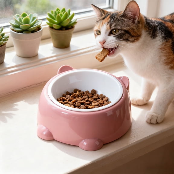 AYktou Pet Food Bowl - Cat Bowls Dog Bowls, 250Ml Large Capacity Shallow Cat Food Bowl Small Dog Water Bowl Neck Protection Raised Pet Feeder Non-Slip Cat-Shaped Pet Water Bowl, Pink